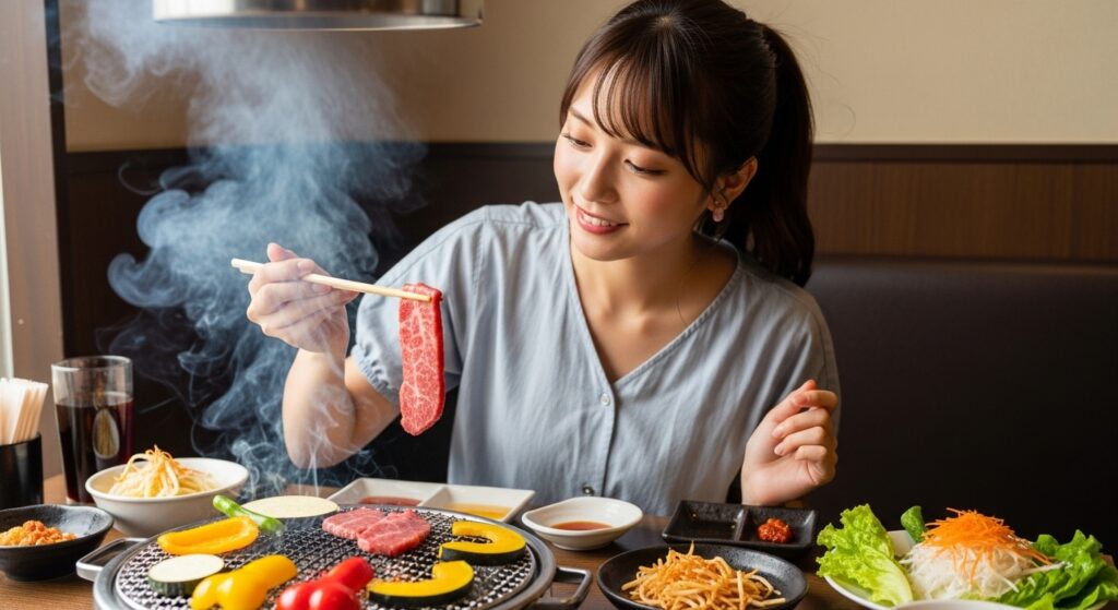 焼肉店で赤身肉と野菜を楽しむ若い女性