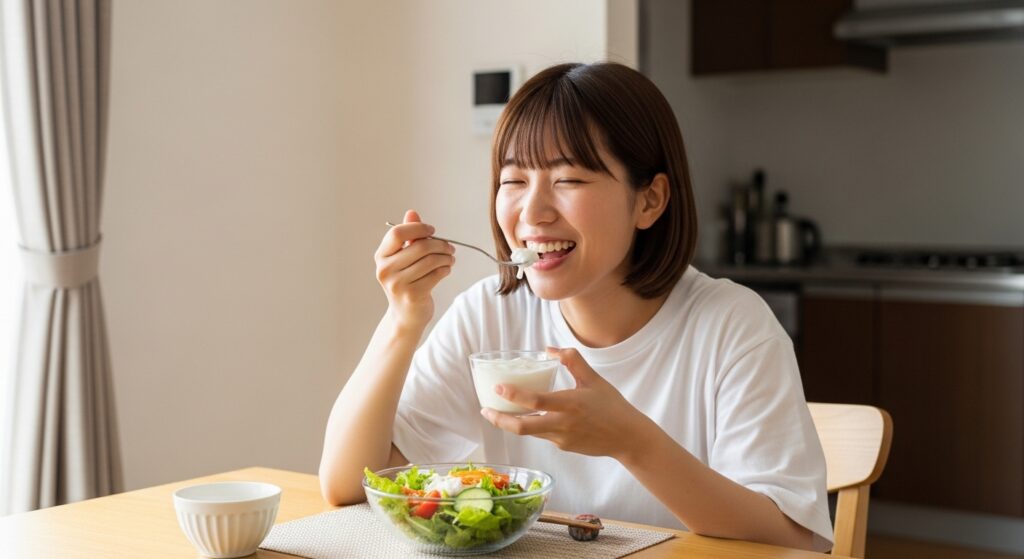 腸内環境に良い食事を楽しむ若い女性