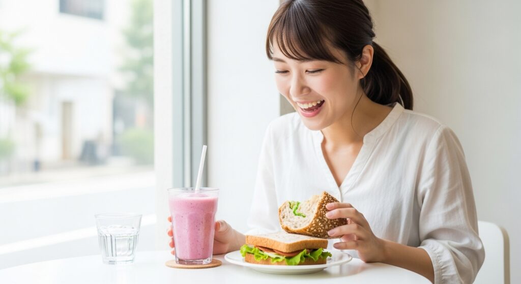カフェで健康的なランチを楽しむ若い女性