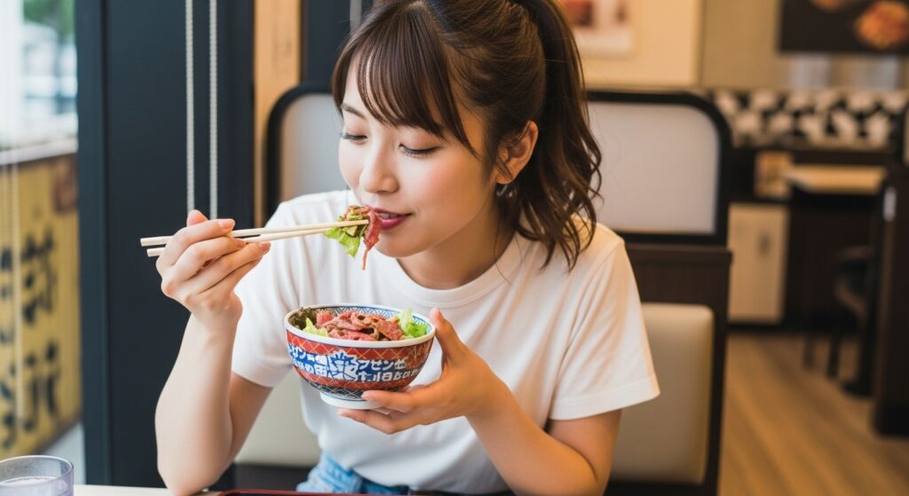 レストランでサラダ牛丼を楽しむ若い女性