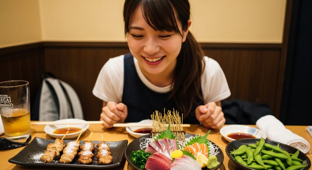 居酒屋で刺身と焼き鳥を楽しむ若い女性