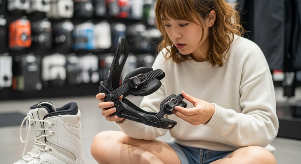 スポーツ用品店で黒いビンディングを検討する女性と白いブー