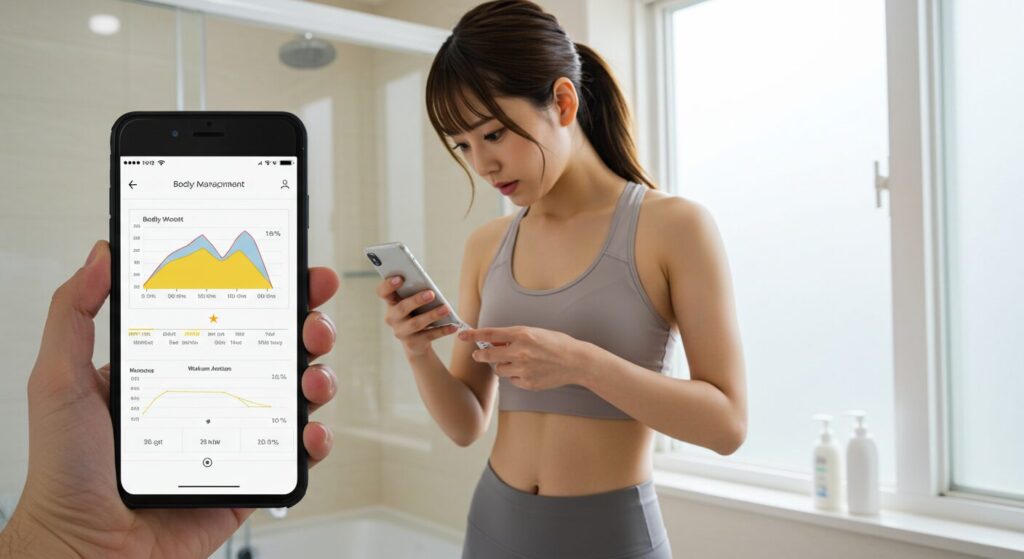 スポーツブラとレギンス姿で体重計に乗りながらスマートフォンで体重と体脂肪の測定値を記録している若い女性