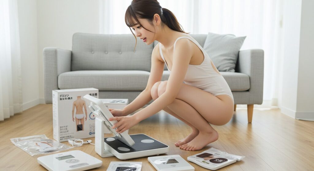 白いスイムウェア姿でしゃがみ、体組成計を確認する若い女性