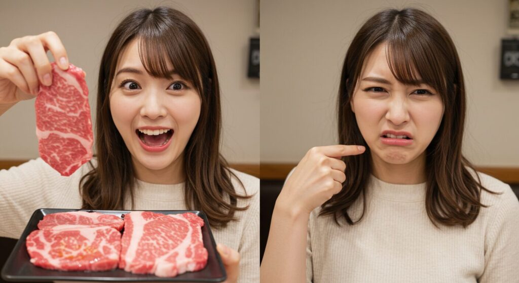 肉に喜び、臭いに顔をしかめる若い女性
