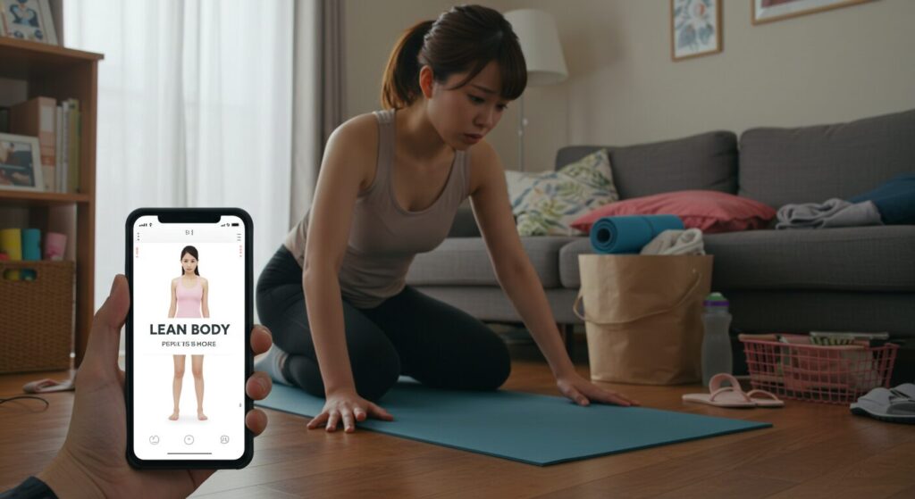 LEANBODYアプリを使用した自宅トレーニングのためのスペース確保に苦戦する若い女性