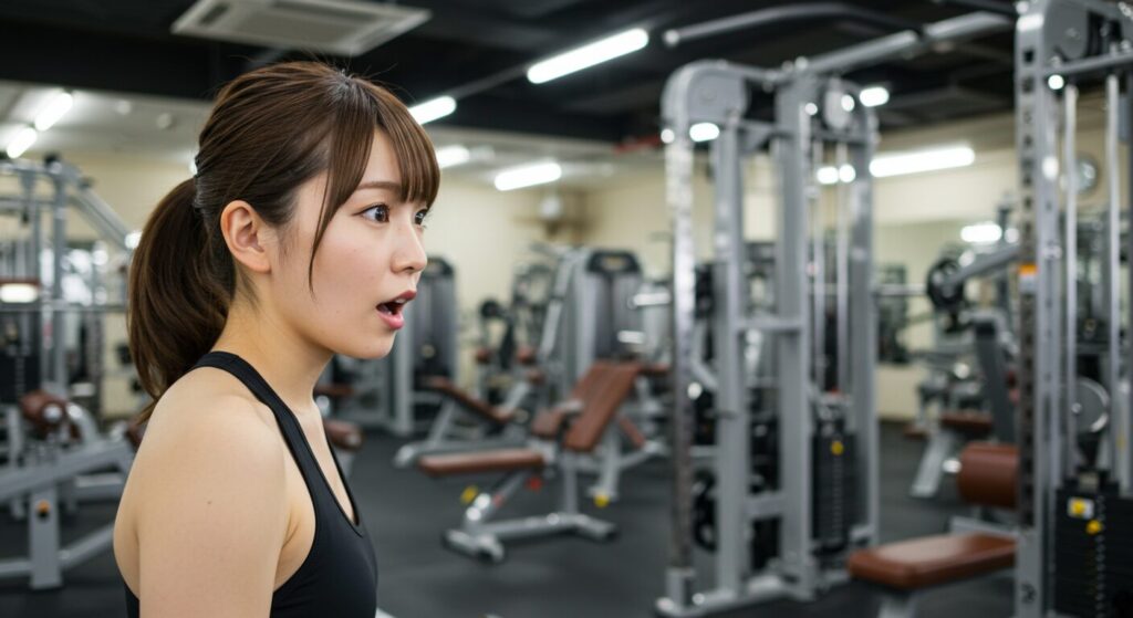 ジムの設備に驚く若い女性