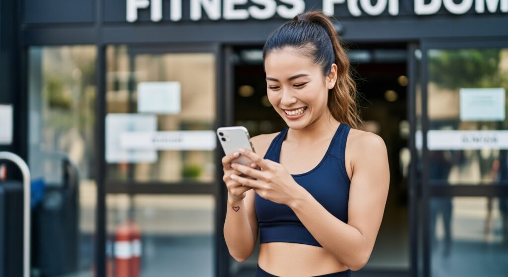 タトゥーのある若い女性がタトゥーフレンドリーなジムを見つけている様子