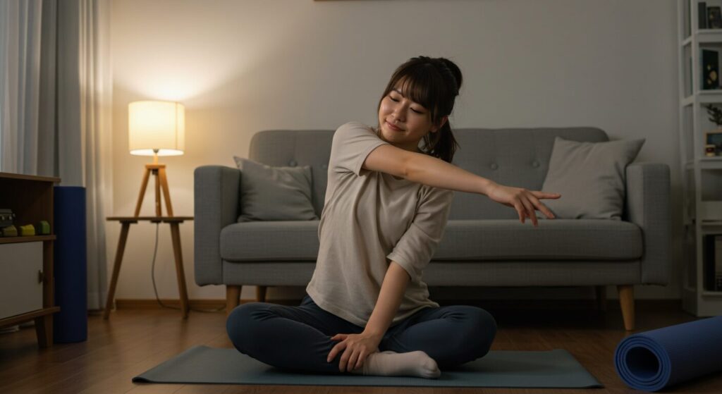 夜、家でストレッチをしてリラックスしている若い日本人女性。