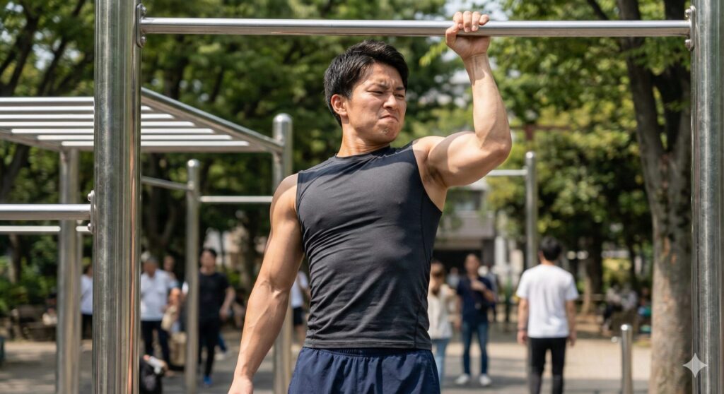 屋外カリステニクスパークで片手懸垂をする日本人男性