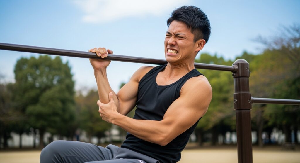 手首サポート法による片手懸垂トレーニングを行う日本人男性