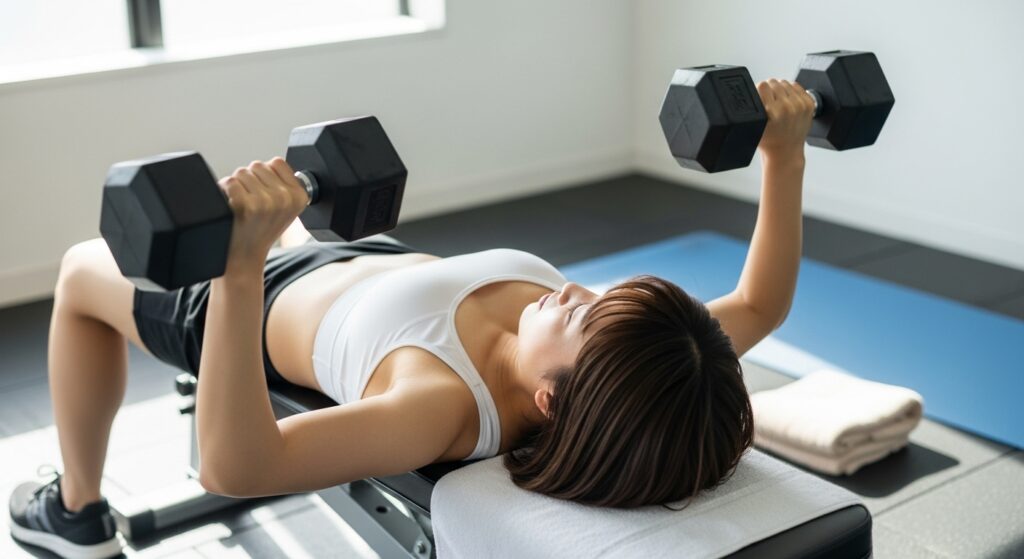 トレーニングベンチでダンベルプレスを行う若い日本人女性