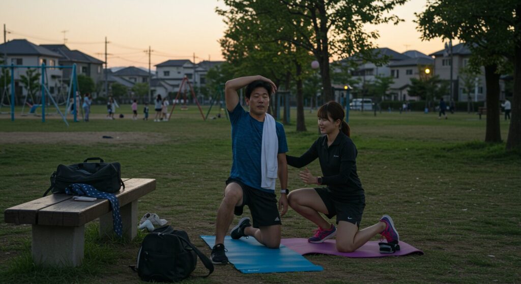夕暮れ時の地元の公園でスポーツウェア姿の日本人サラリーマンがパーソナルフィットネストレーニングを受けている様子。近くのベンチには仕事用のバッグが見える。