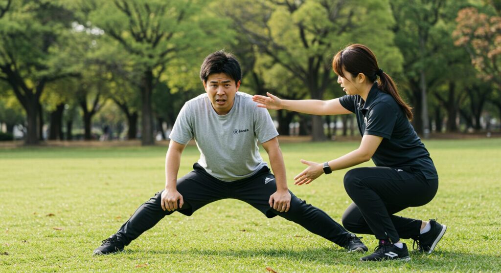 公園でパーソナルスポーツ講師と基礎運動を学ぶ緊張した様子の日本人男性