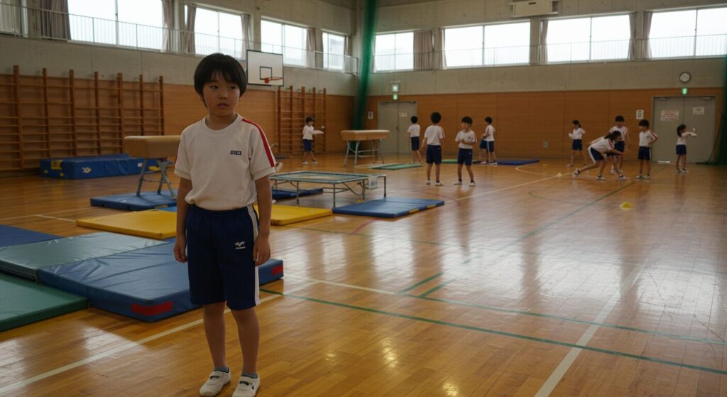 体育館で一人で立ち、集団活動に参加する他の子どもたちを不安そうに見つめる内気な日本人の小学生男子