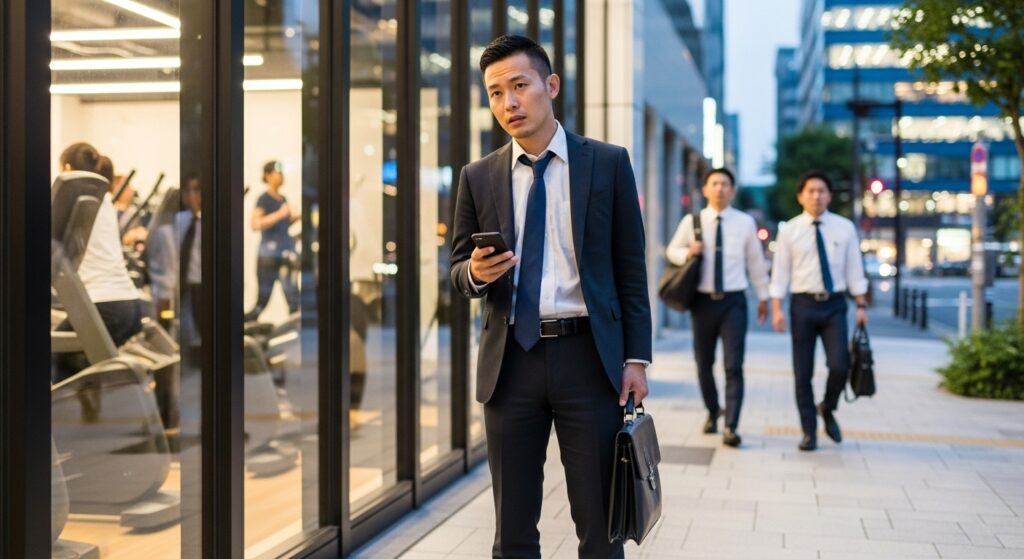 仕事帰りにジムの前で躊躇する日本人ビジネスマン