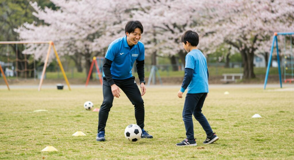 公園で子どもにサッカーを教える日本人スポーツ家庭教師