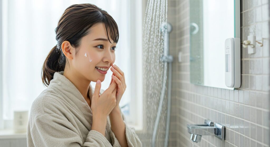 コールドシャワーの生理的効果を体感する日本人女性