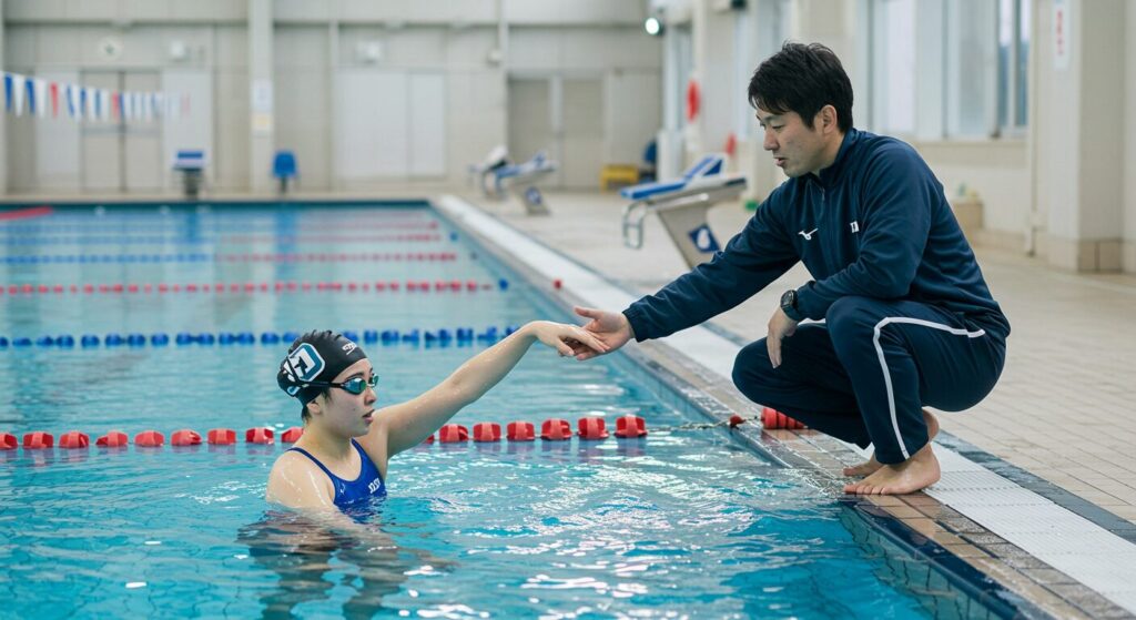 プールサイドに立つスポーツ家庭教師から水泳のターン技術を学ぶプール内の日本人女性