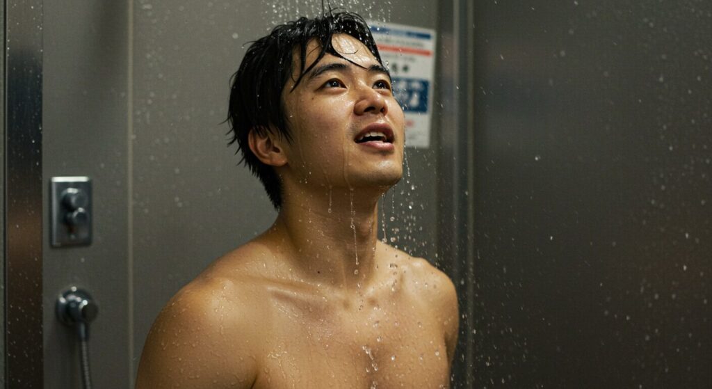 トレーニング後のコールドシャワーで活力を得る若い日本人男性