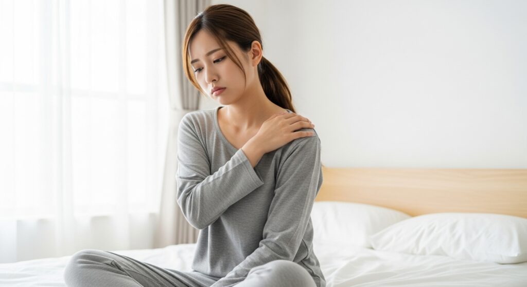 リカバリーウェアを着て疲労感と失望を感じる朝の若い日本人女性