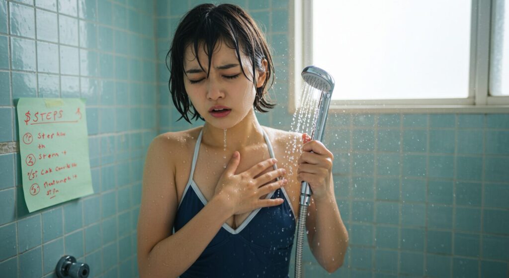 コールドシャワーの正しい手順を実践する若い日本人女性