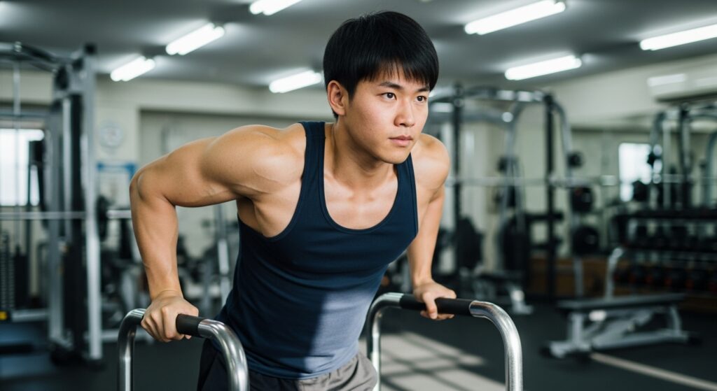 ジムでディップス運動をする体格の良い日本人男性