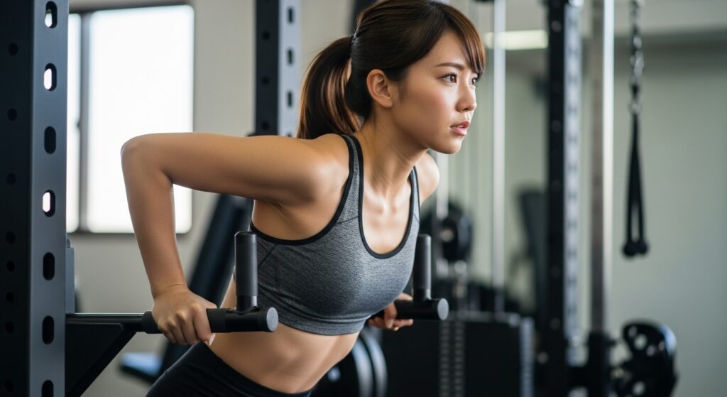 ジムでディップススタンドを使ってディップス運動をする日本人女性
