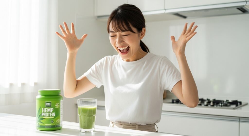 デトックス効果のヘンププロテインスムージーを飲んで喜ぶ日本人女性