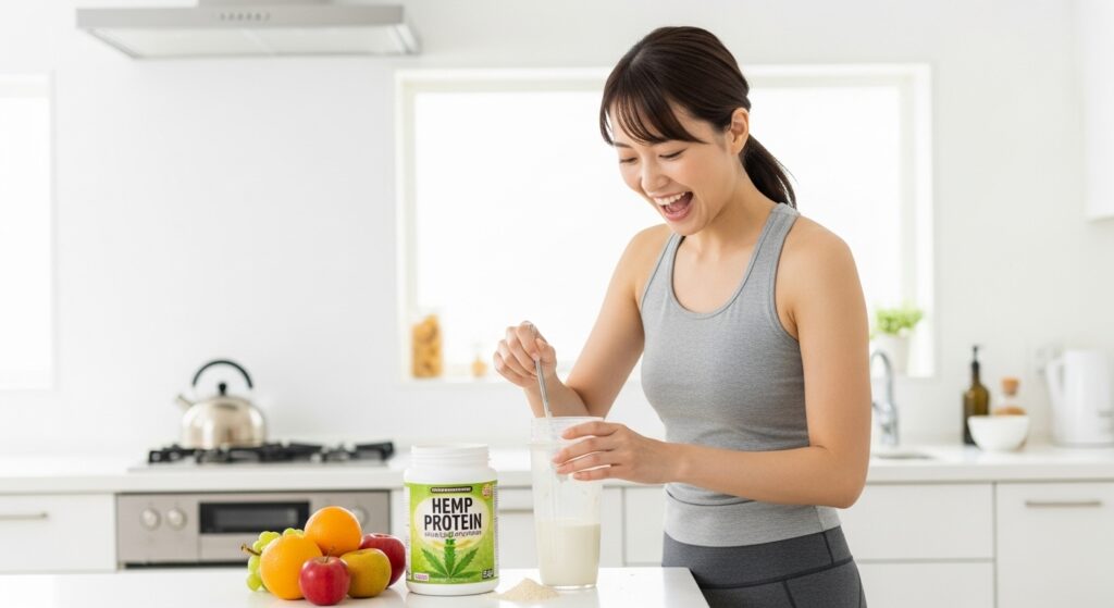 ダイエット用ヘンププロテインスムージーを作る日本人女性