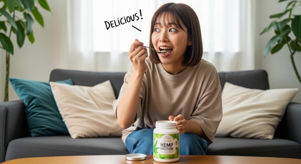 ヘンププロテインを味見して驚きと喜びの表情を見せる日本人女性