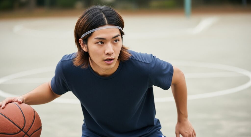 細いスポーツ用ヘアバンドを装着してバスケットボールをする若い日本人男性