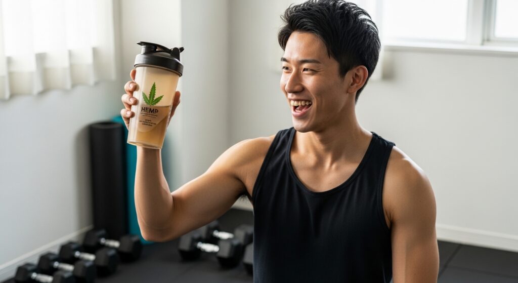 ホームジムでヘンププロテインを持つ日本人男性