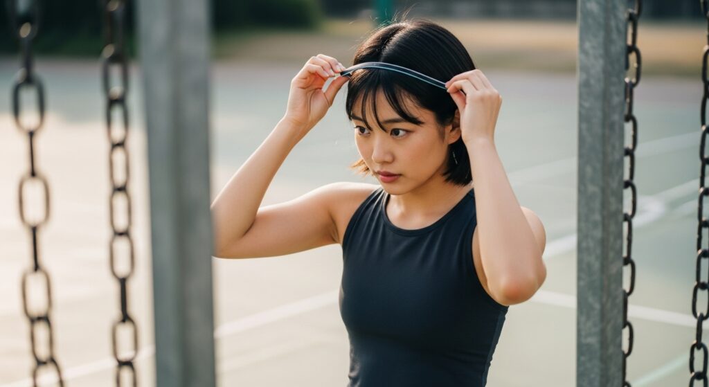 屋外バスケットコートでスポーツ用ヘアバンドを調整する若い日本人女性
