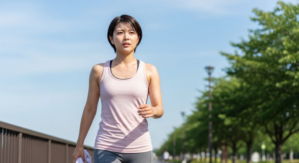 夏のウォーキングで汗をかく若い日本人女性
