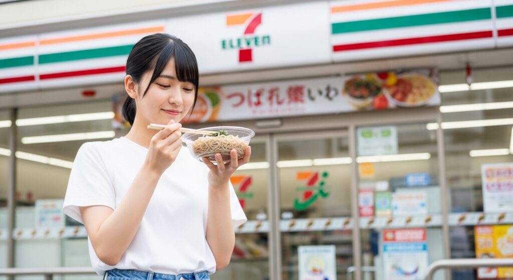 セブンイレブン前で蕎麦を持つ若い日本人女性