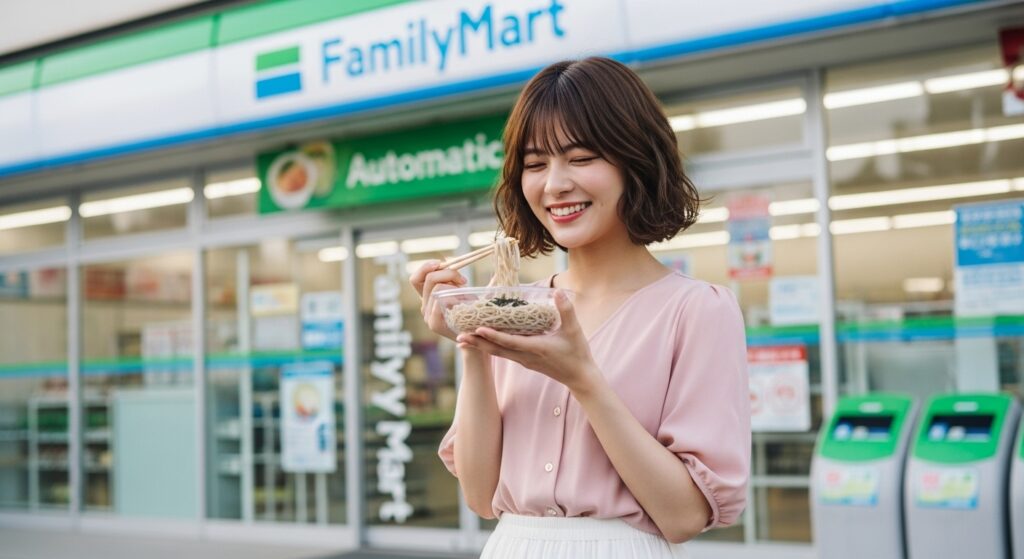 ファミリーマート前で蕎麦を持つ若い日本人女性