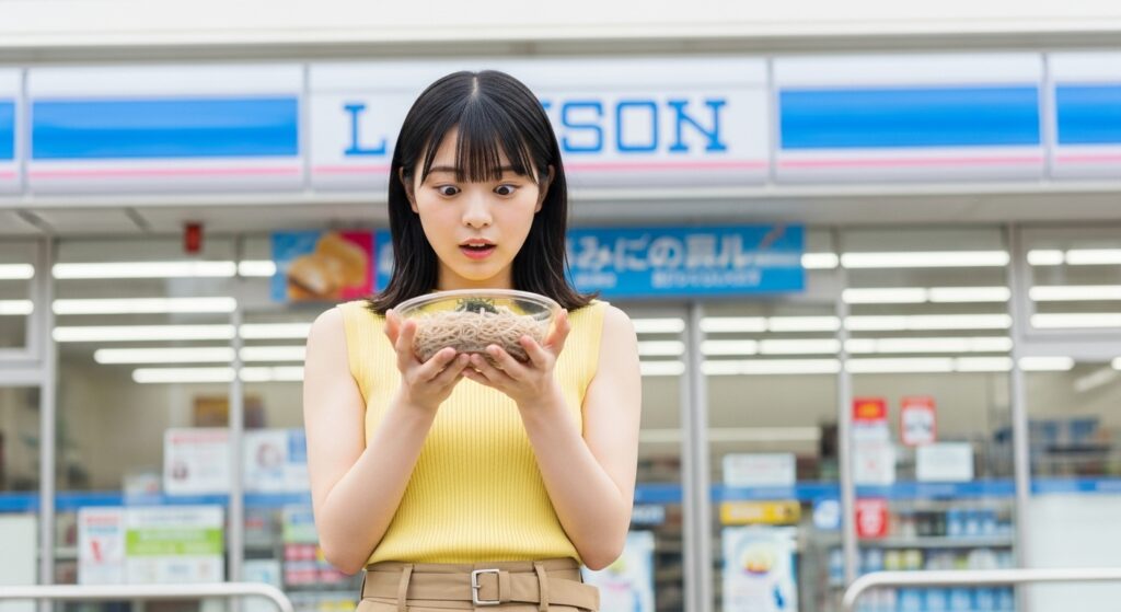 ローソン前で蕎麦を持つ若い日本人女性