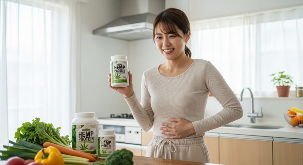 腸内環境改善のためのヘンププロテインを持つ笑顔の若い日本人女性