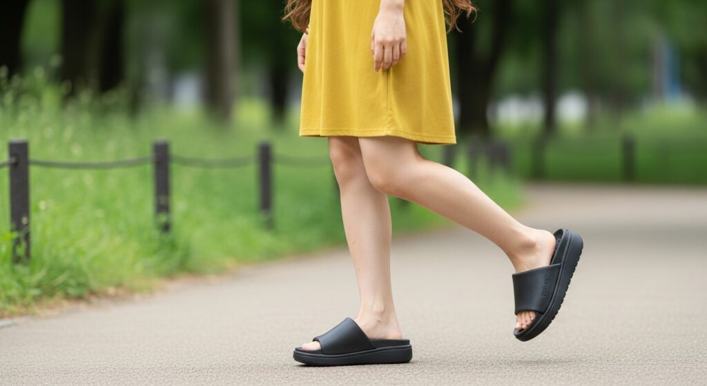 公園を歩く黒いスライドサンダルを履いた若い日本人女性の歩行シーン