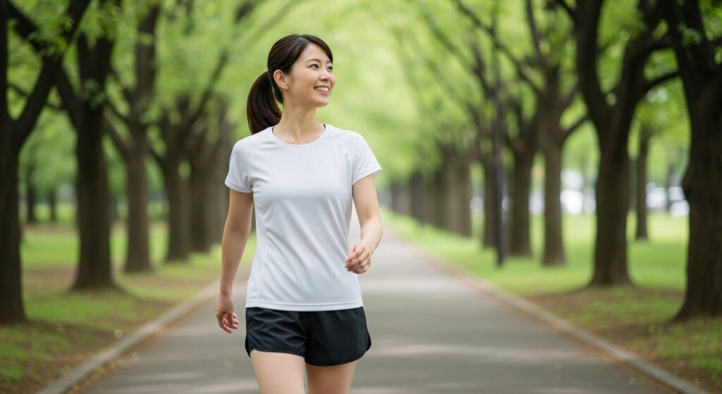 夏の公園でウォーキングする若い日本人女性