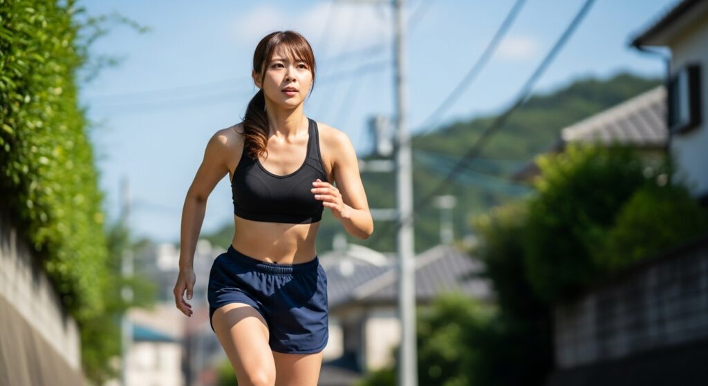 夏の坂道を力強く歩く若い日本人女性