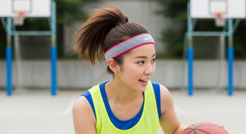 スポーツ用ヘアバンドを着用してバスケットボールをする若い日本人女性