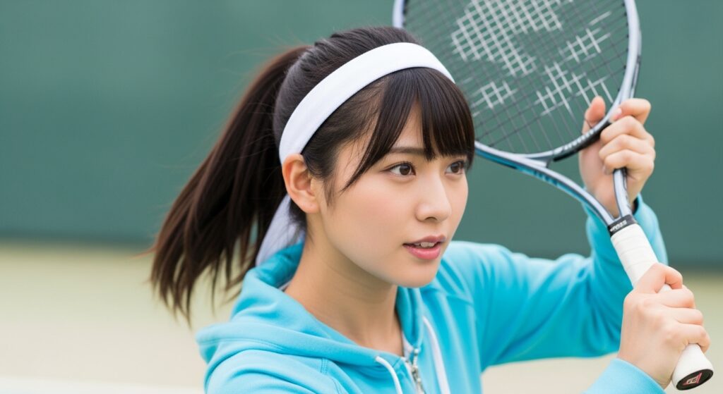 スポーツ用ヘアバンドをつけてテニスをする若い日本人女性