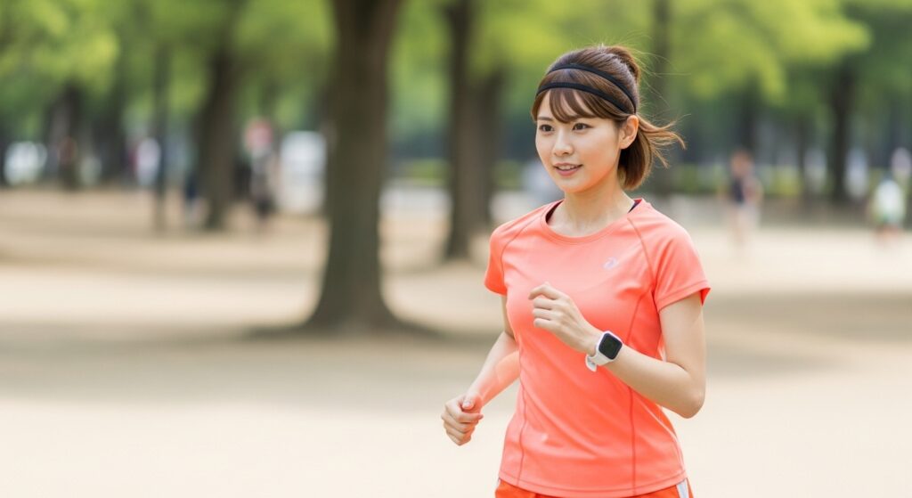 細いスポーツ用ヘアバンドをつけてジョギングする若い日本人女性