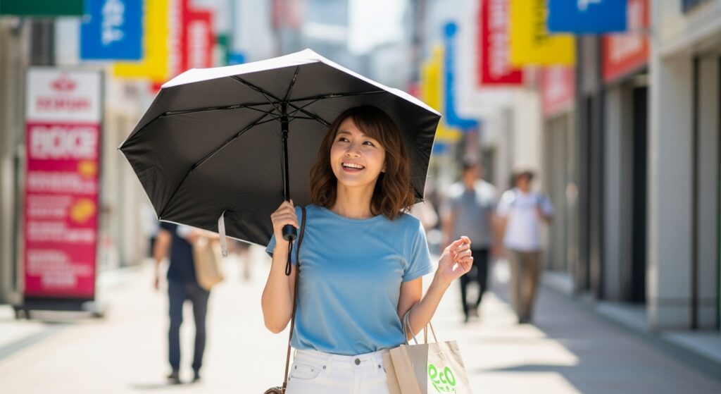 晴れた商店街で折りたたみ日傘をさして買い物する若い日本人女性