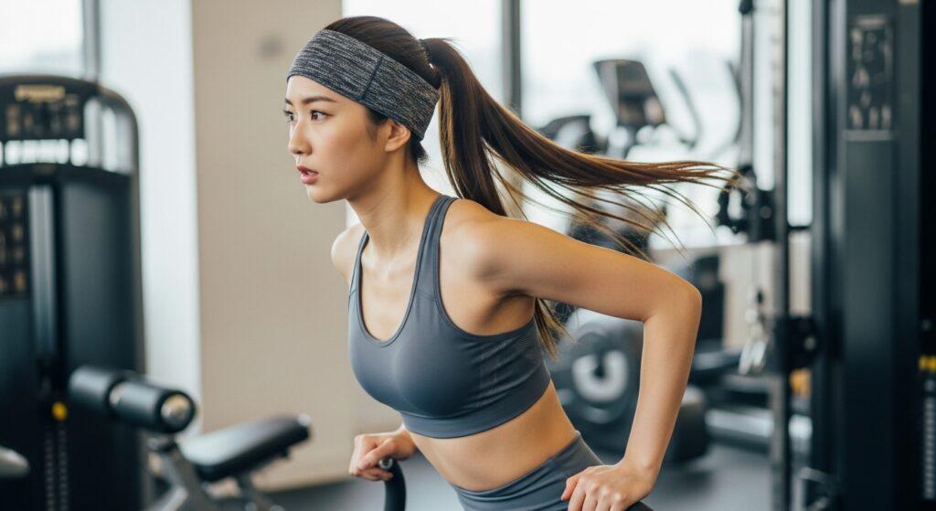 ロングヘアをまとめてスポーツ用ヘアバンドを着用してジムで運動する若い日本人女性