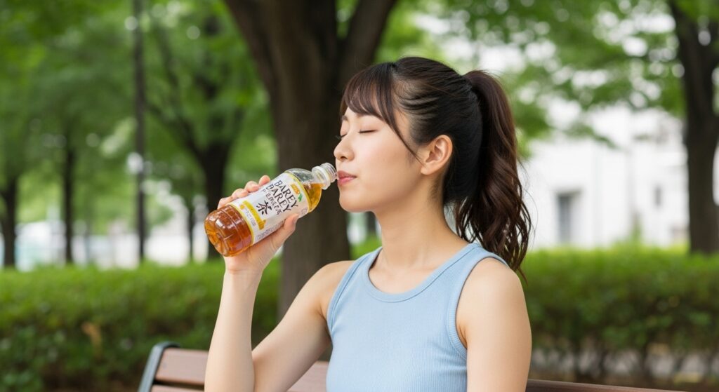 夏の公園で麦茶を飲む日本人女性