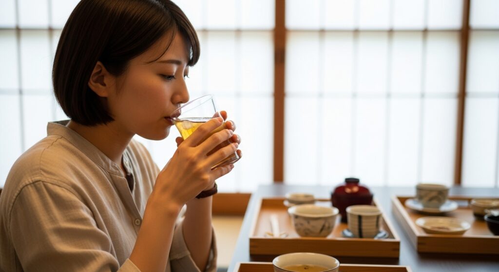 和風の食卓で食事の後に麦茶を飲む日本人女性