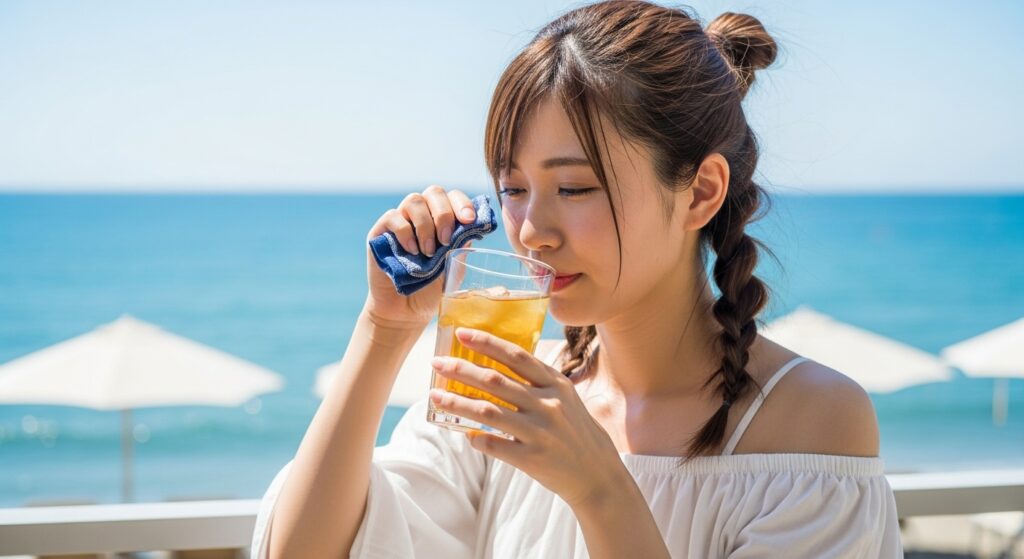 暑い夏の日に海辺のカフェで麦茶を持つ日本人女性